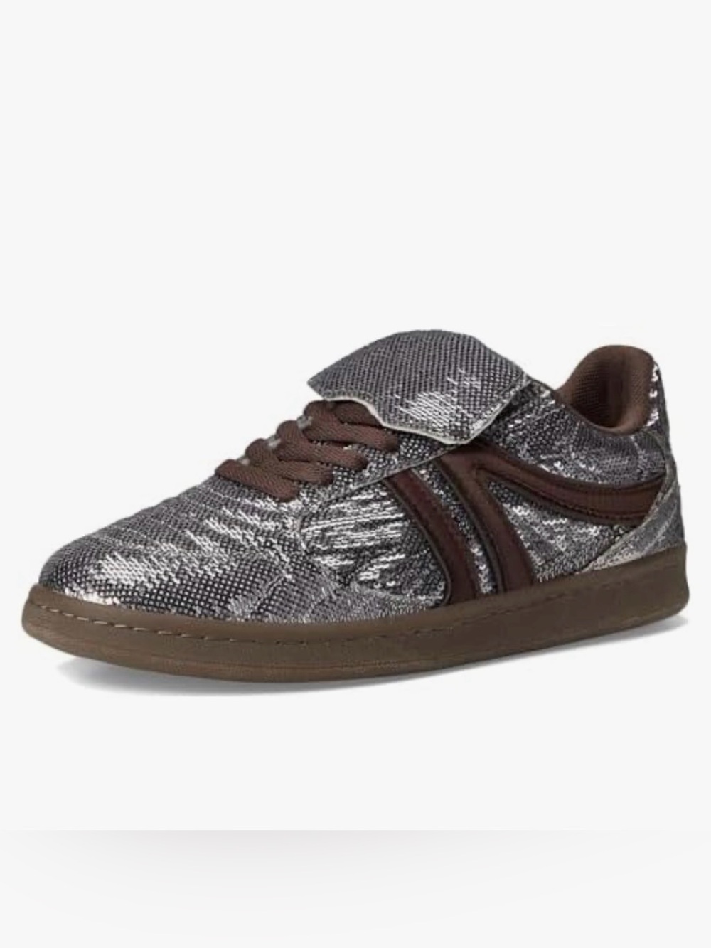 Steve Madden MADRID Silver Sequin Sparkle Brown Stripe Tongue Flap Sneaks NWOB